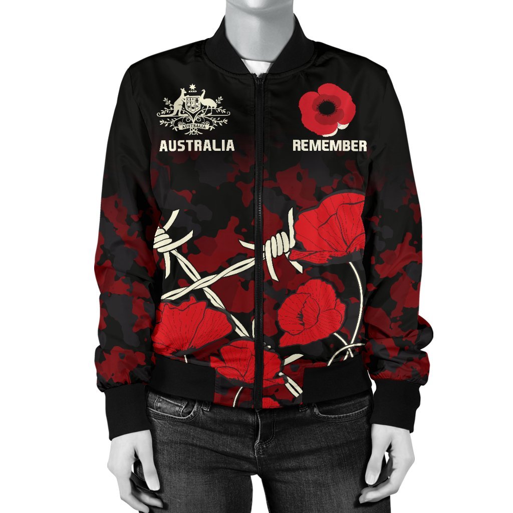 Anzac Women Bomber Jacket - Anzac with Remembrance Poppy Flower