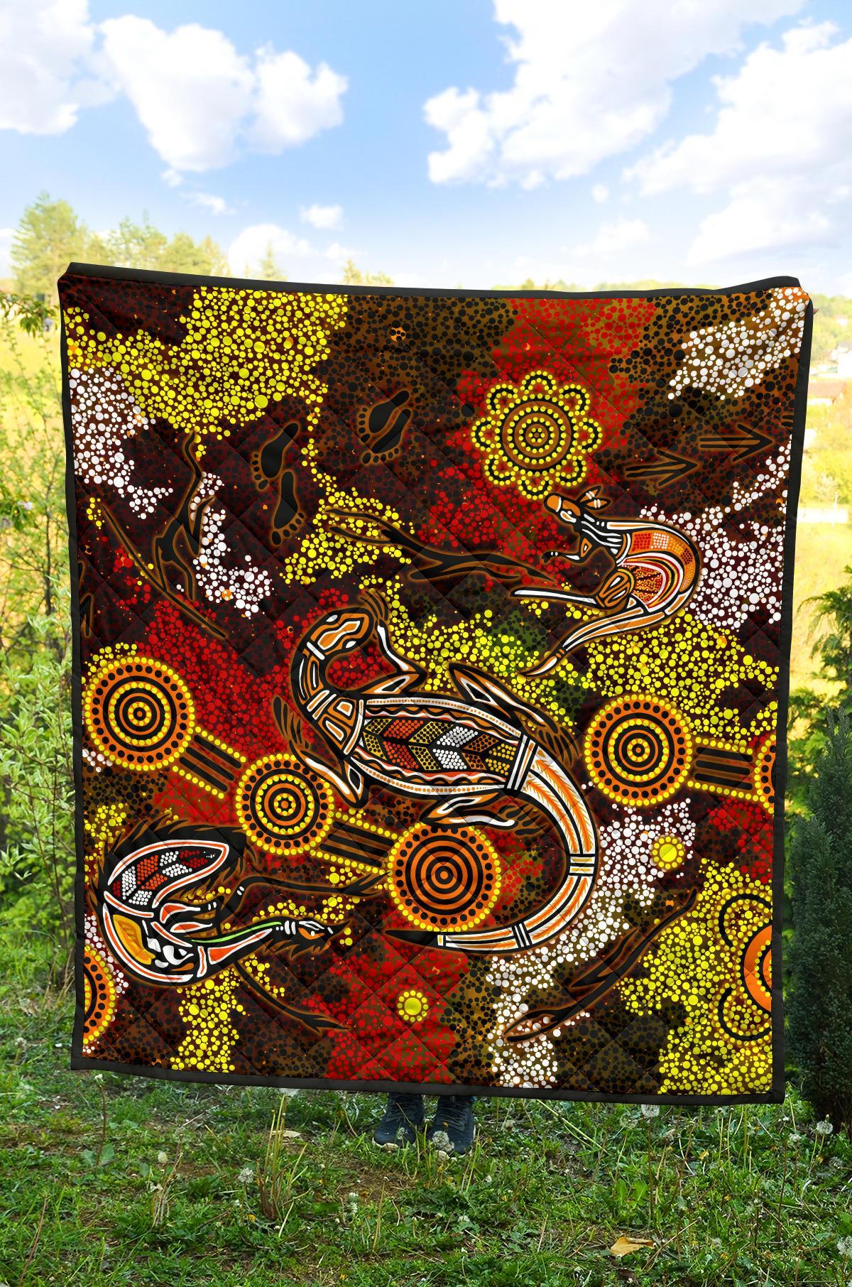 Aboriginal Premium Quilt - Kangaroo and Lizard Dot Painting Art