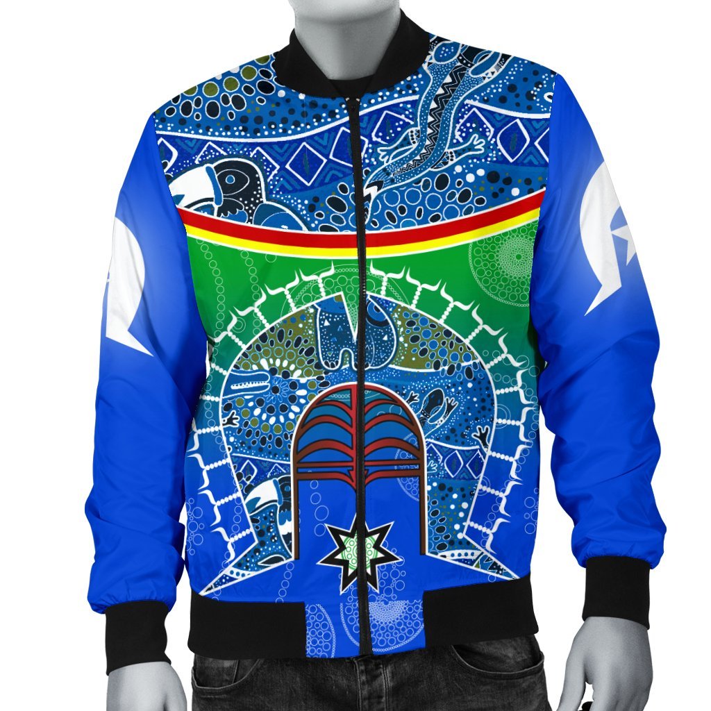 Men;s Bomber Jacket - Torres Strait Symbol With Aboriginal Patterns