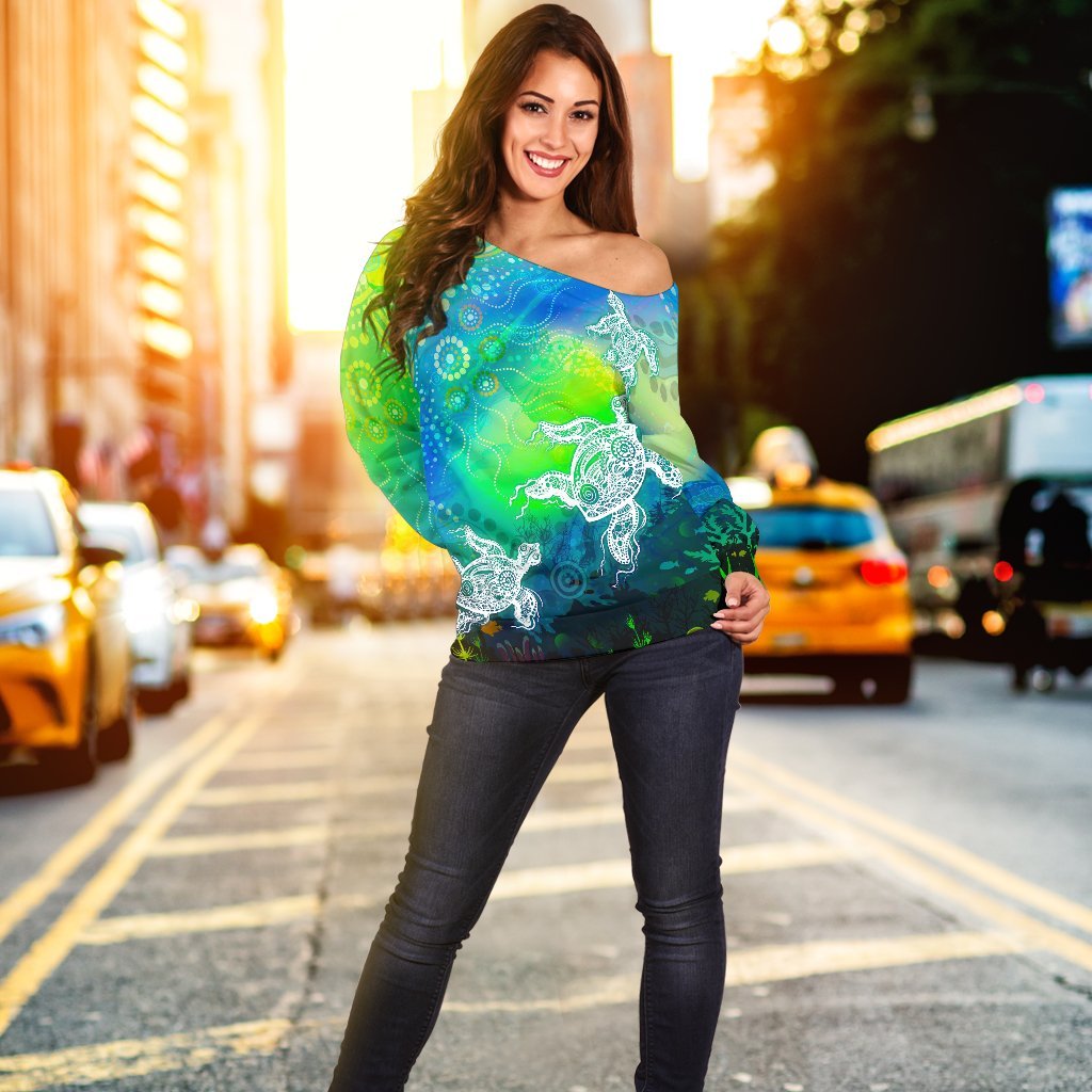 Aboriginal Women's Off Shoulder Sweater - Indigenous Turtle Ocean Dot Painting Art