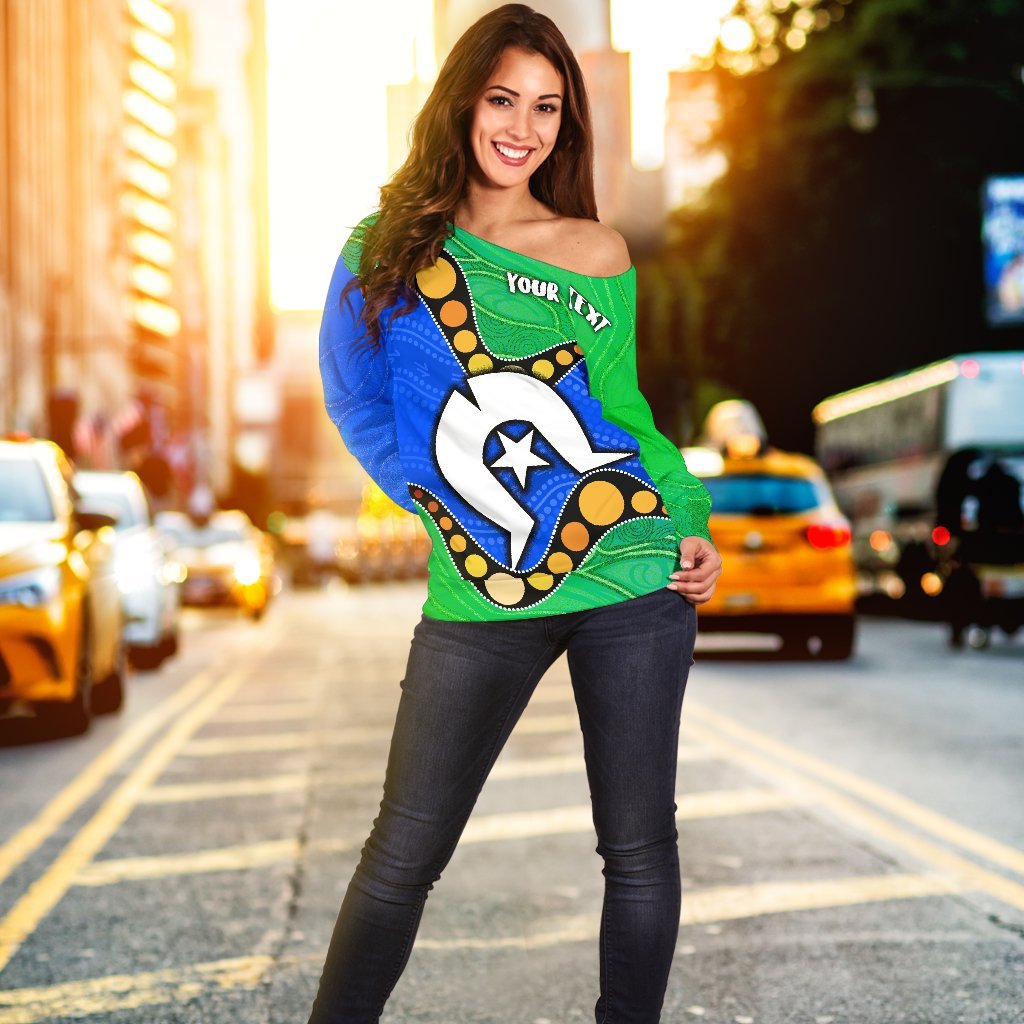 (Custom) Torres Strait Islands Women's Off Shoulder Sweater - Flag with Aboriginal Patterns