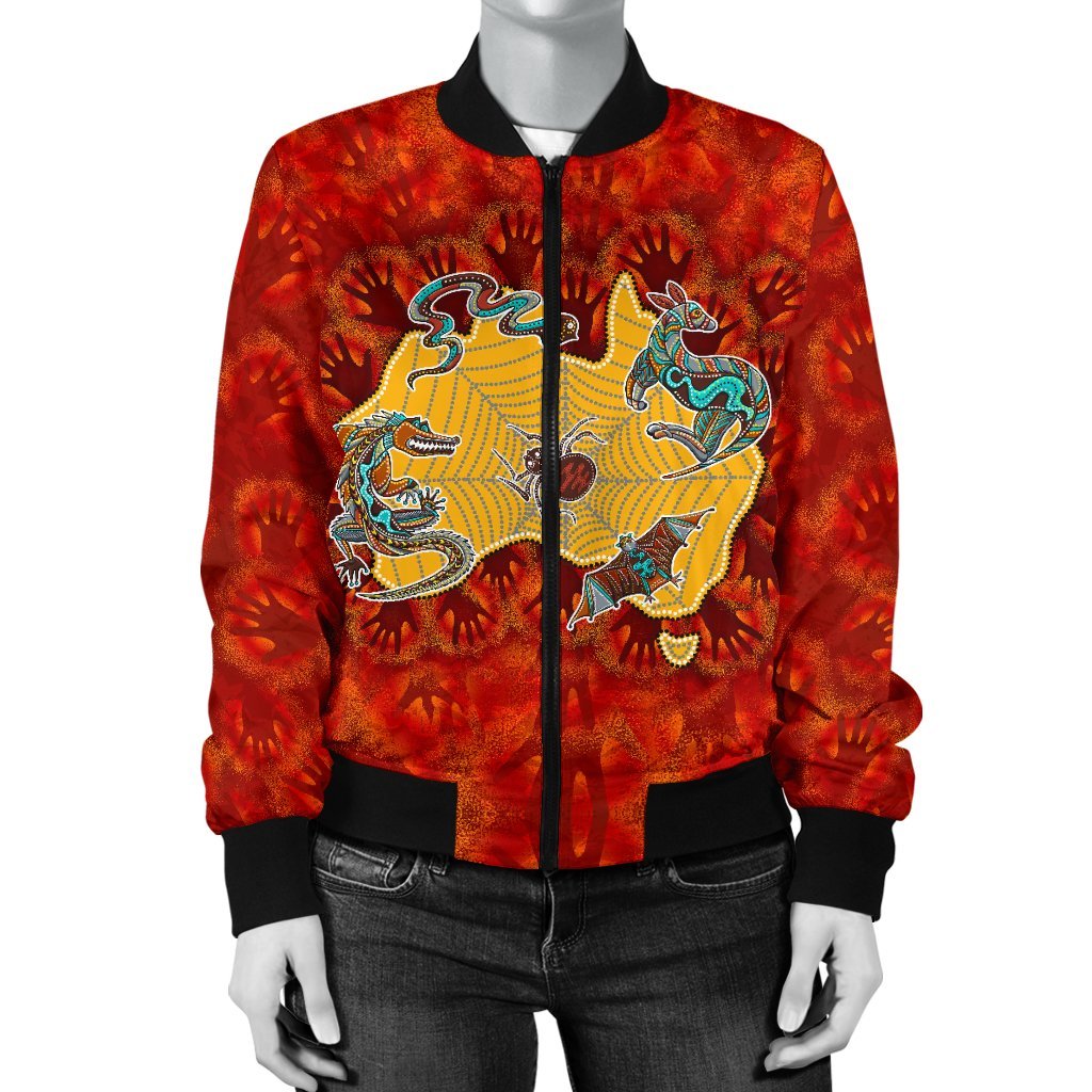 Aboriginal Bomber Jacket - Australia Map Hand Patterns Spider Web