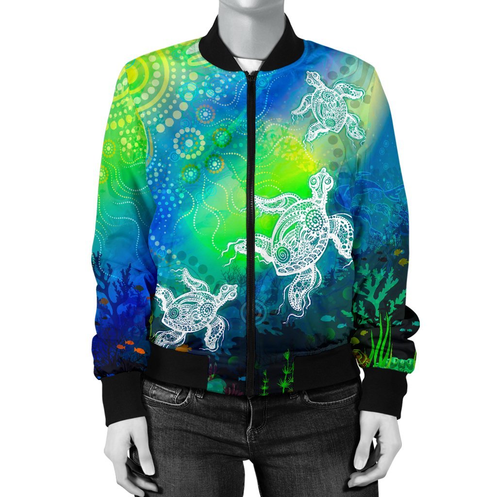 Aboriginal Bomber Jacket - Indigenous Turtle Ocean Dot Painting Art