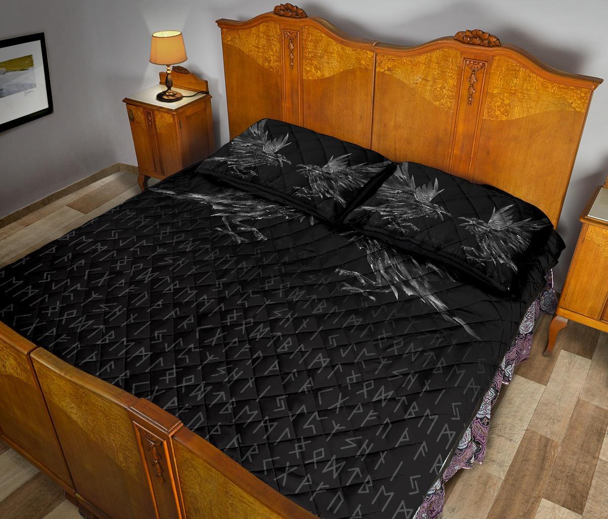 Viking Quilt Bedding Set Odin Huginn and Muninn Rune