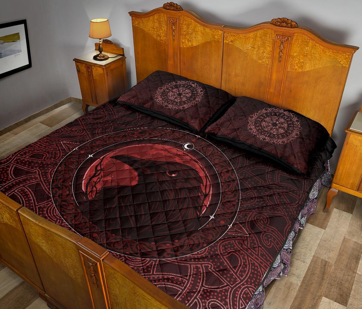 Viking Quilt Bedding Set Ethnic Odin Raven Red