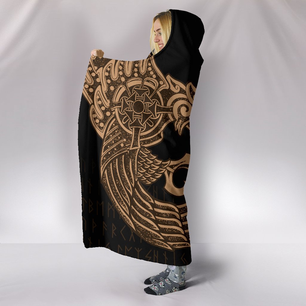 Viking Hooded Blanket Raven Tattoo Orange Style