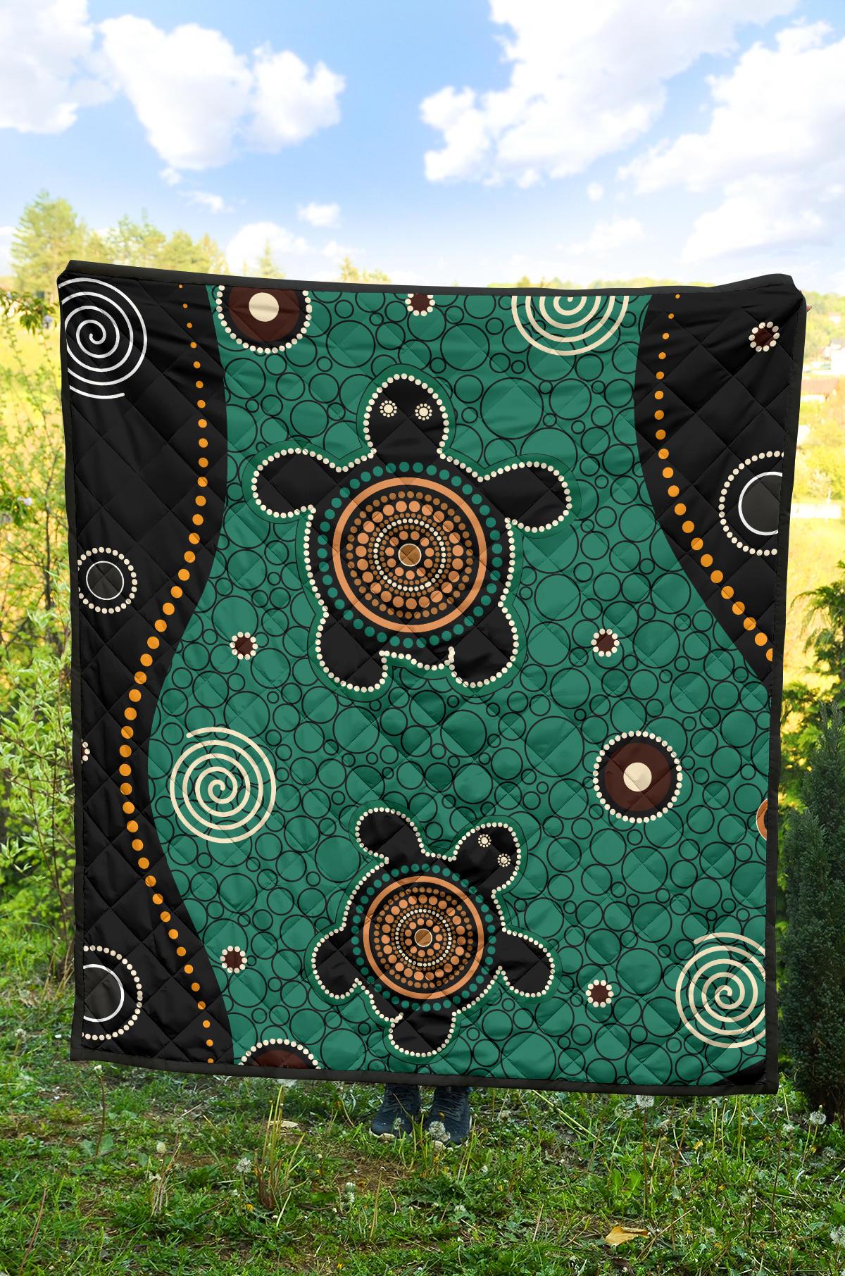 Aboriginal Premium Quilt - Australia Green Turtle Dot Painting Art