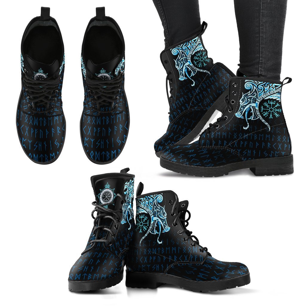 Viking Leather Boots Fenrir Raven And Vegvisir Tattoo Cyan