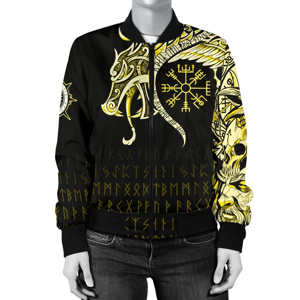 Viking Bomber Jacket Fenrir Raven And Vegvisir Tattoo Yellow Style Ver01