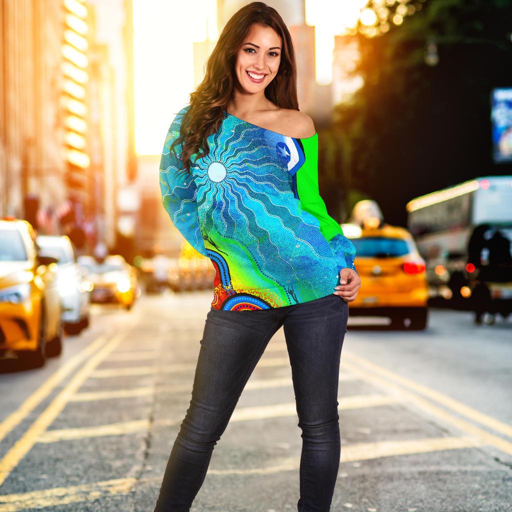 Off Shoulder Sweater - Torres Strait Islanders Flag with Aboriginal Patterns Sweater