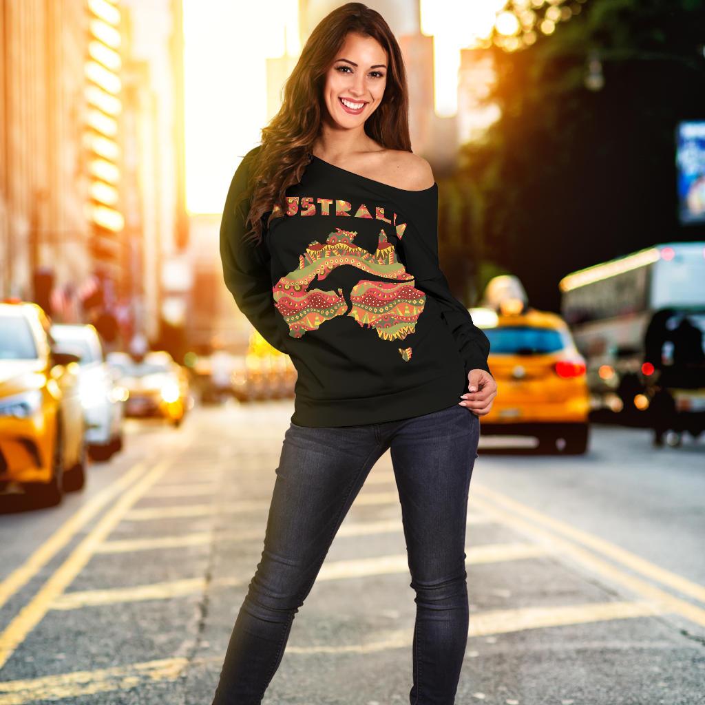 Women's Off Shoulder Sweater - Australia Map Sweater Kangaroo Aboriginal Patterns