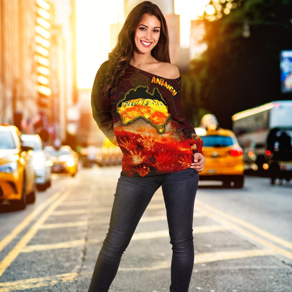 Aboriginal Women's Off Shoulder Sweater - Anangu Custodians