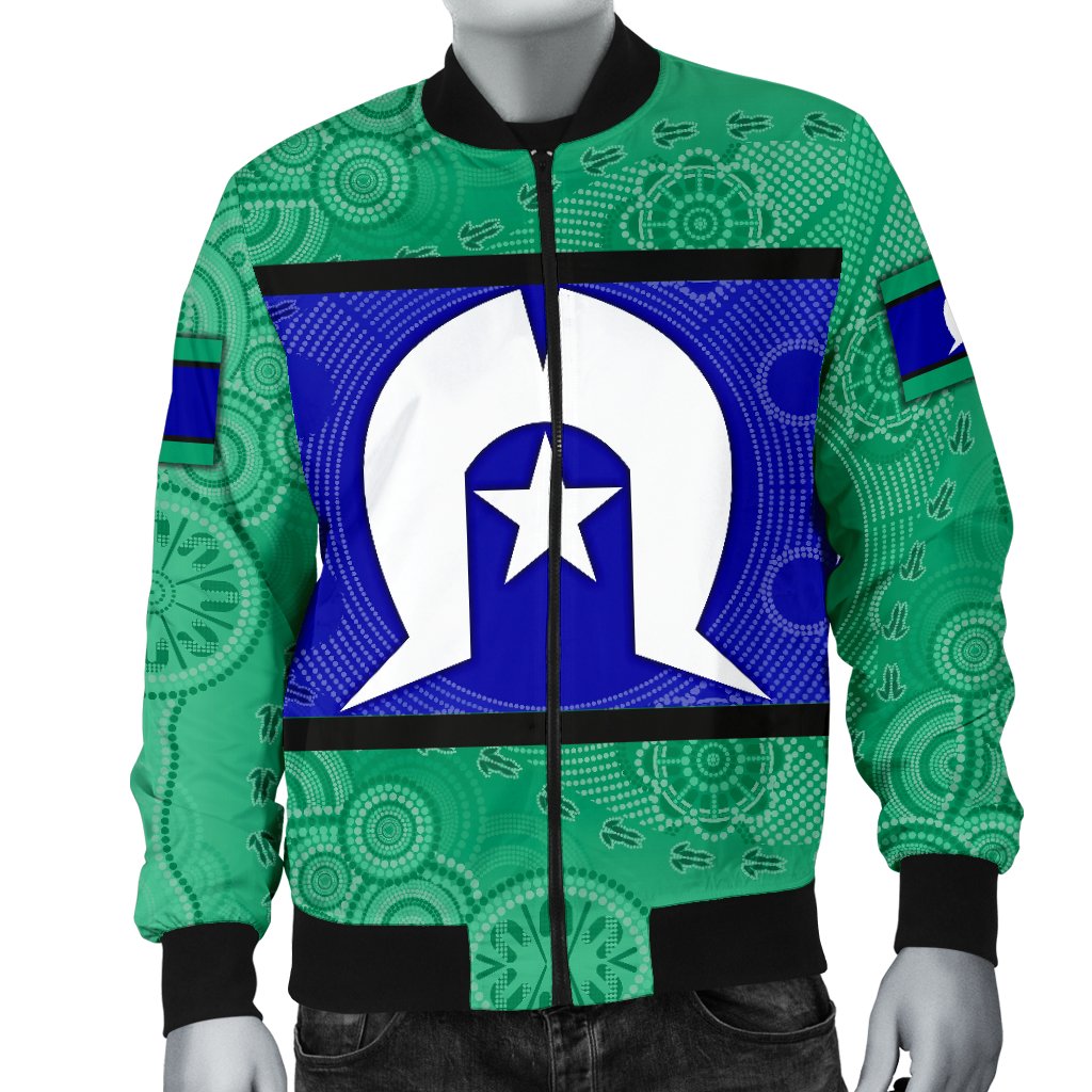 Men Bomber Jacket, Torres Strait Islands Flag With Aboriginal Patterns