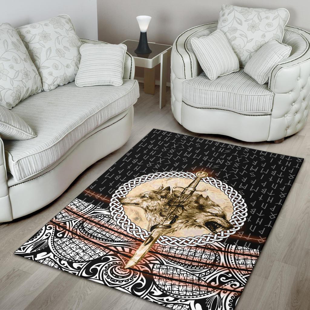 Viking Area Rug Wolf and Vikings Tattoo 3D