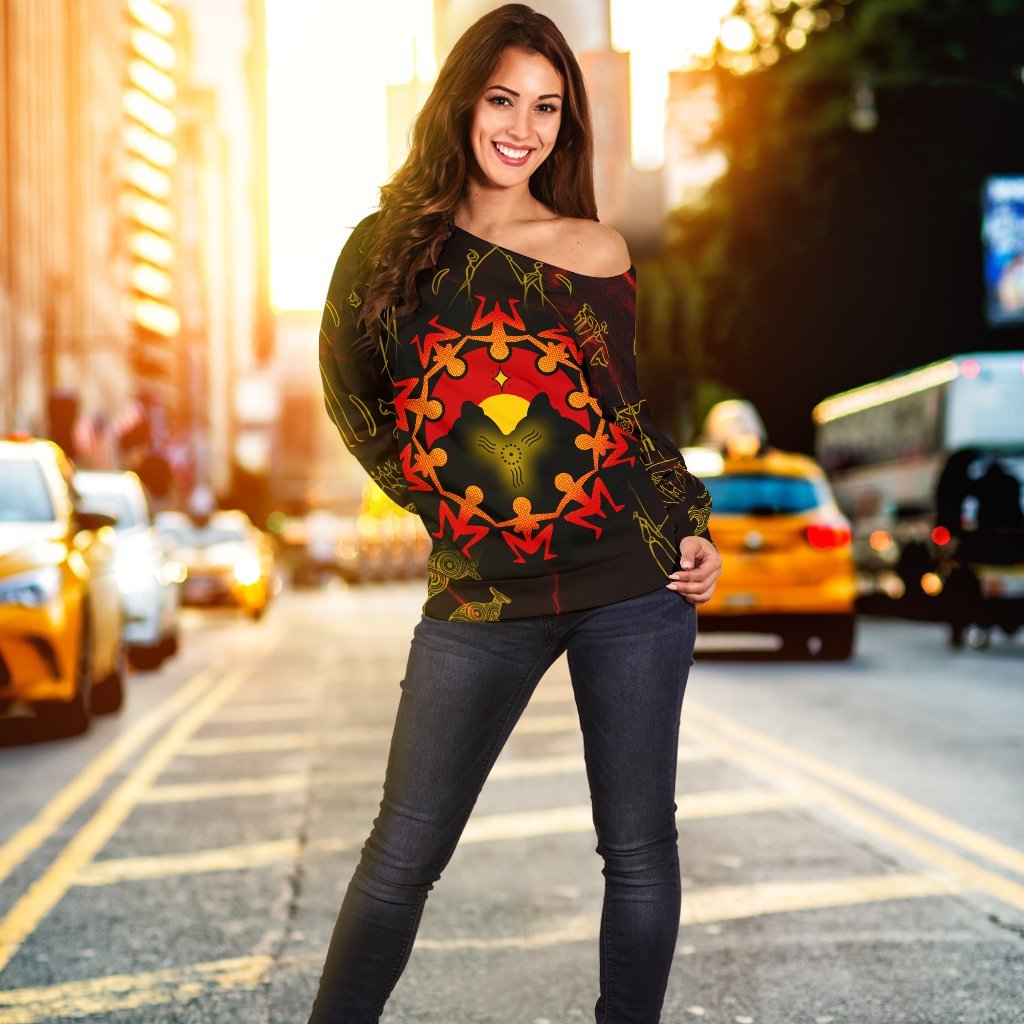 Aboriginal Women's Off Shoulder Sweater - Australia Map and Indigenous Flag