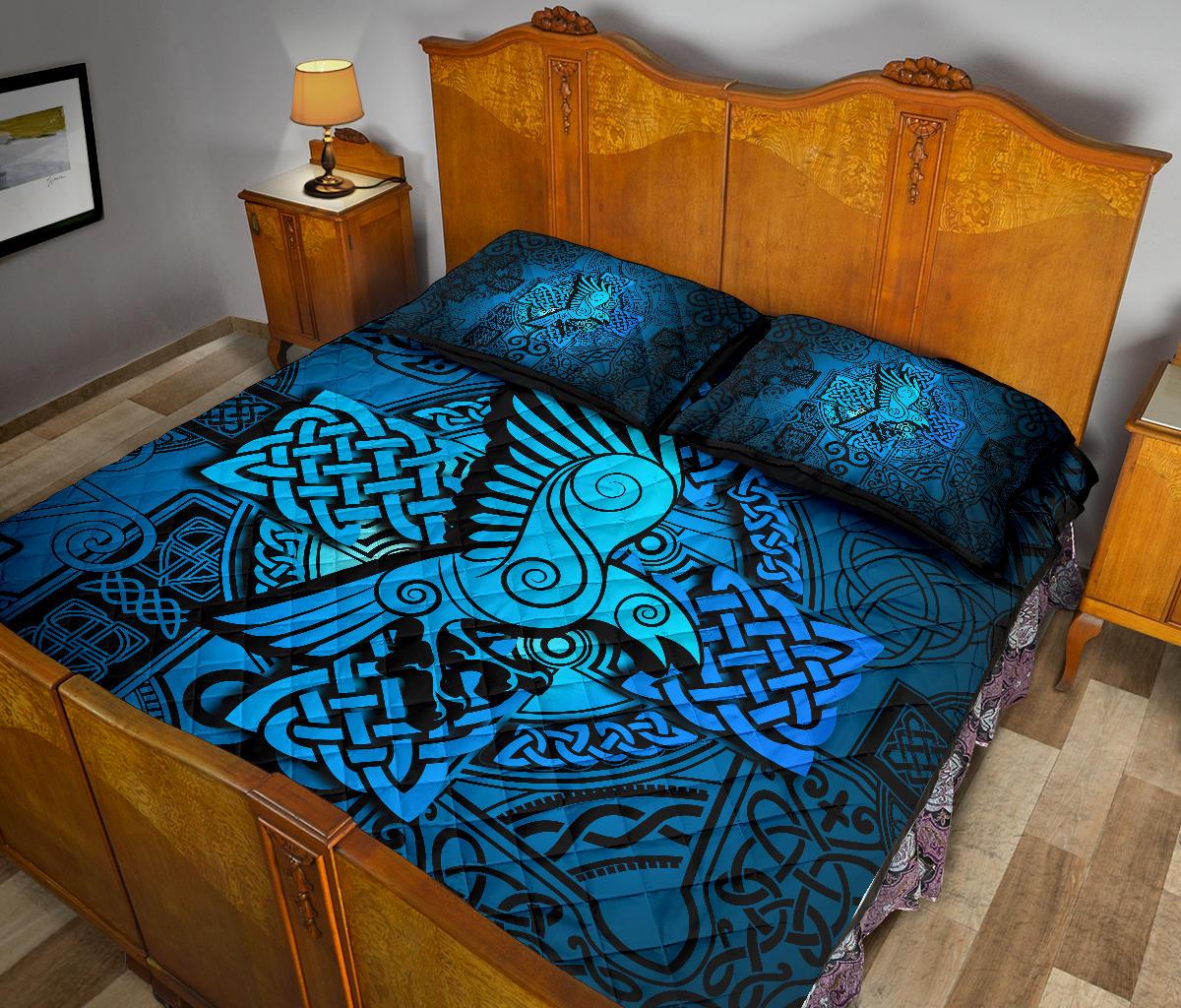 Viking Quilt Bedding Set Raven Odin Celtic Cyan