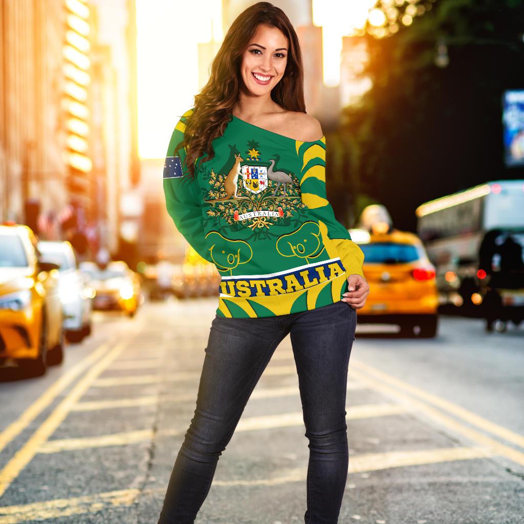 Women's Off Shoulder Sweater - Australian Coat Of Arms Shorts Koala