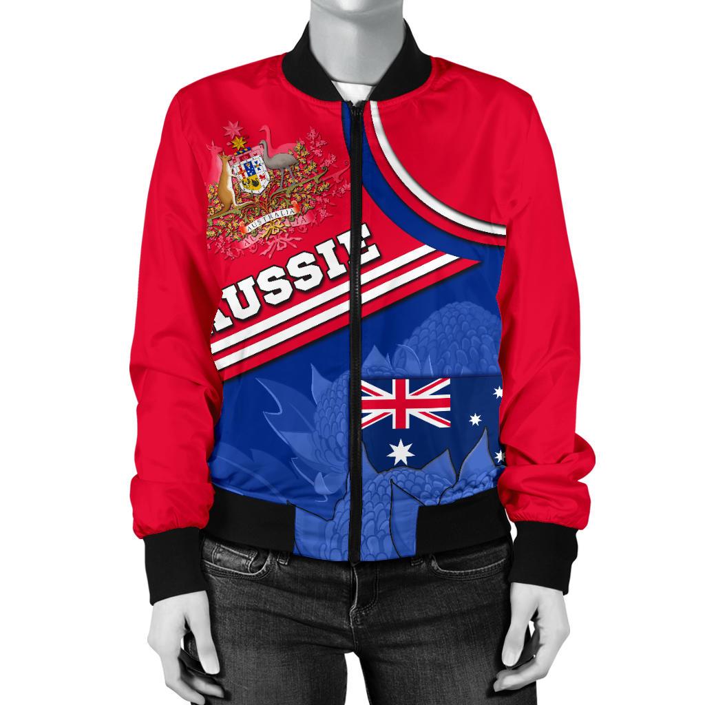 Women Bomber Jacket - Aus Flag and Coat of Arms Jacket Waratah Flowers