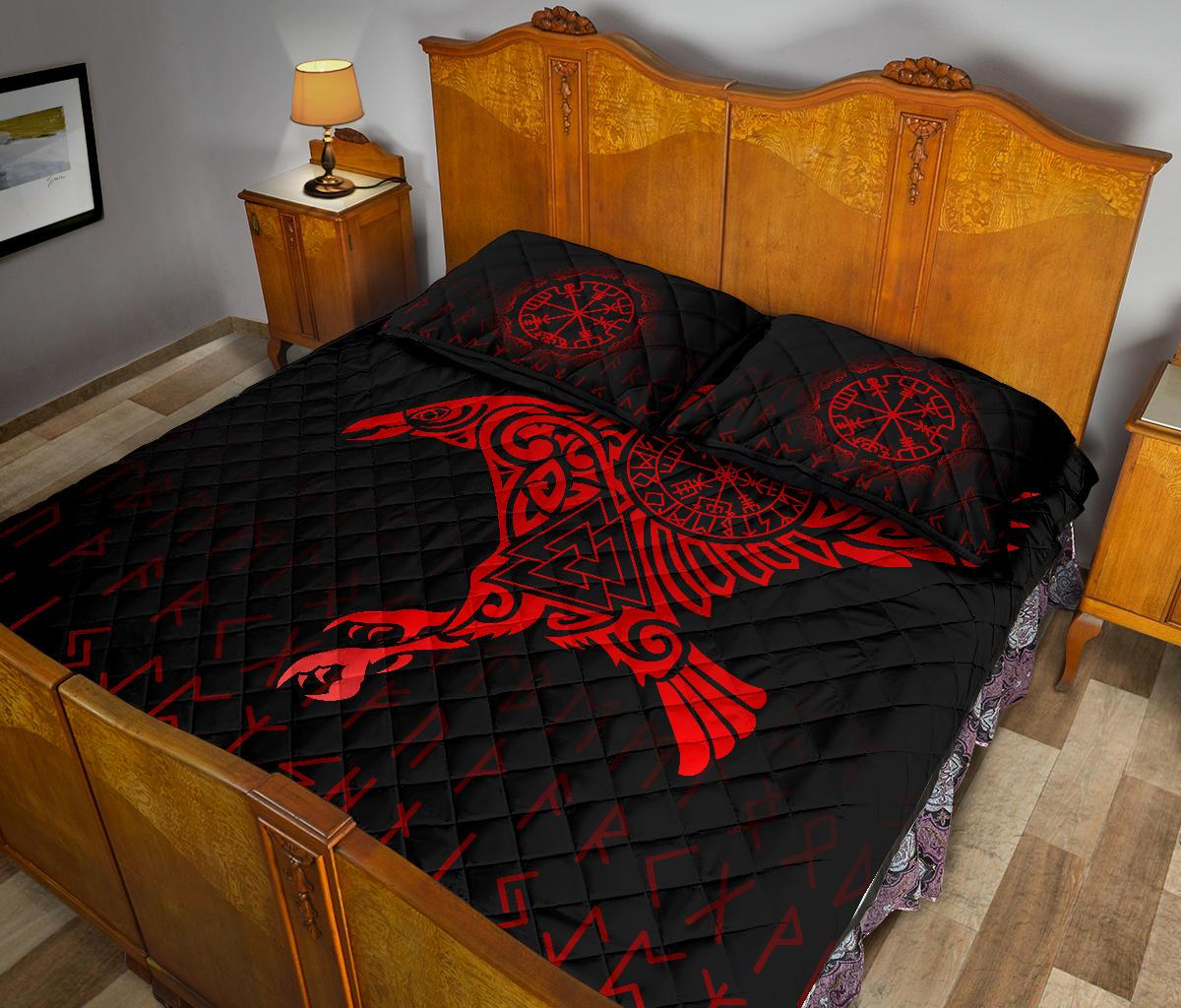 Viking Quilt Bedding Set Raven Tattoo Red