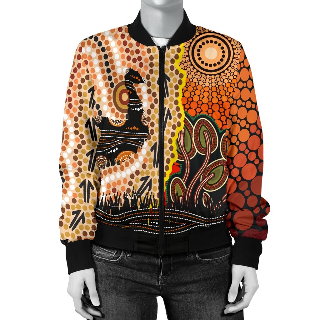 Women Bomber Jacket - Australian Aboriginal Sun and Emu