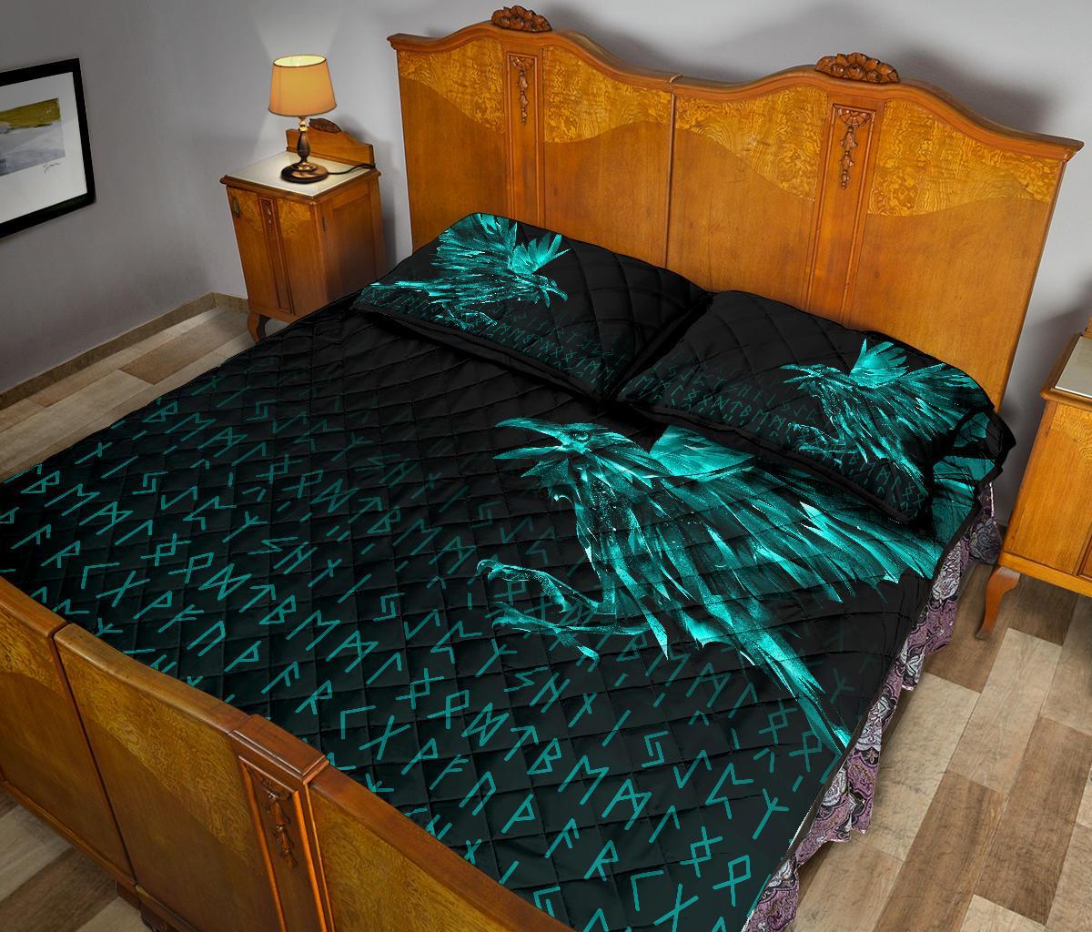 Viking Quilt Bedding Set The Raven Of Odin Rune Cyan