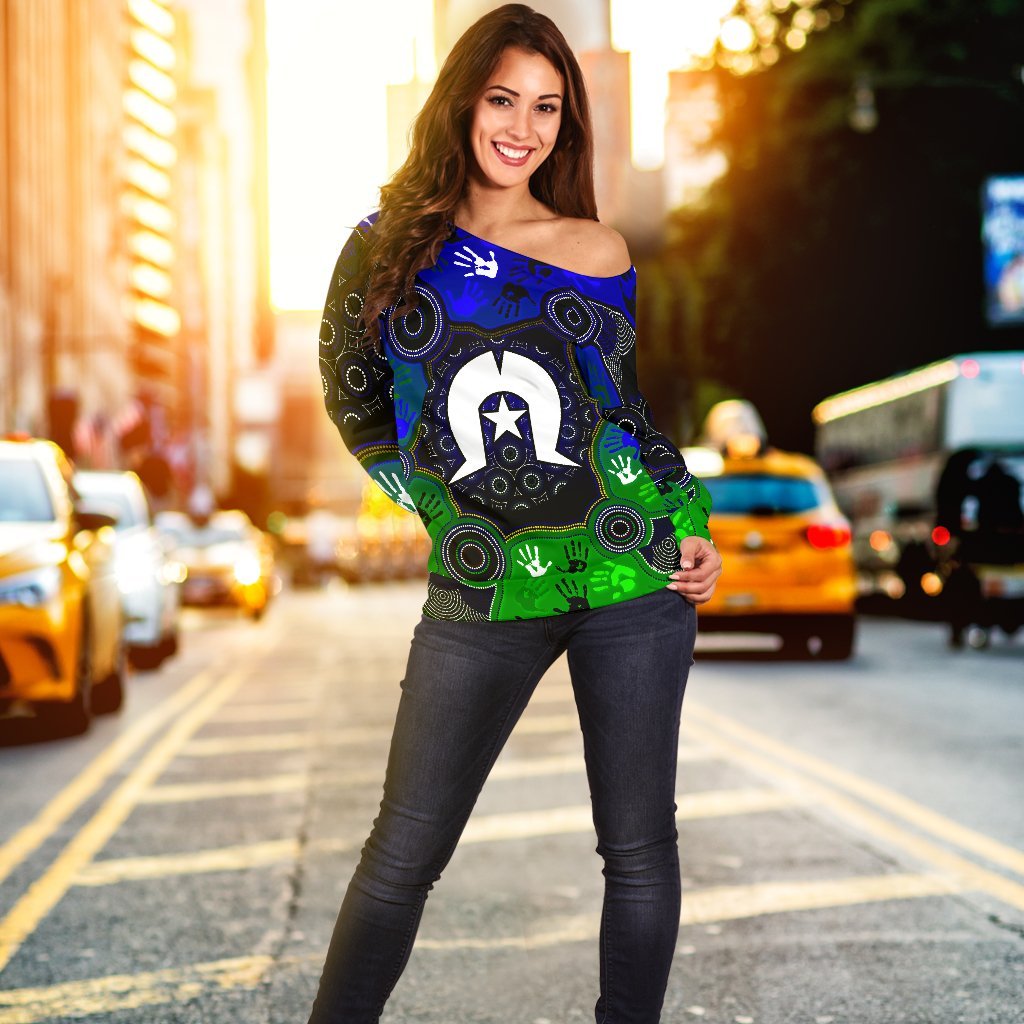 Aboriginal Women's Off Shoulder Sweater - Torres Strait Symbol With Indigenous Patterns