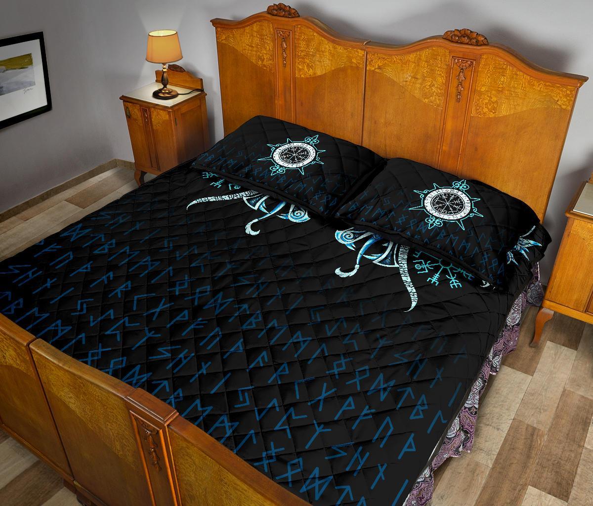 Viking Quilt Bedding Set Fenrir Raven And Vegvisir Tattoo Cyan