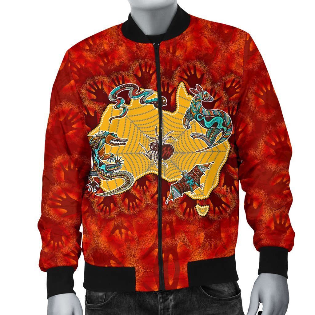 Aboriginal Bomber Jacket - Australia Map Hand Patterns Spider Web