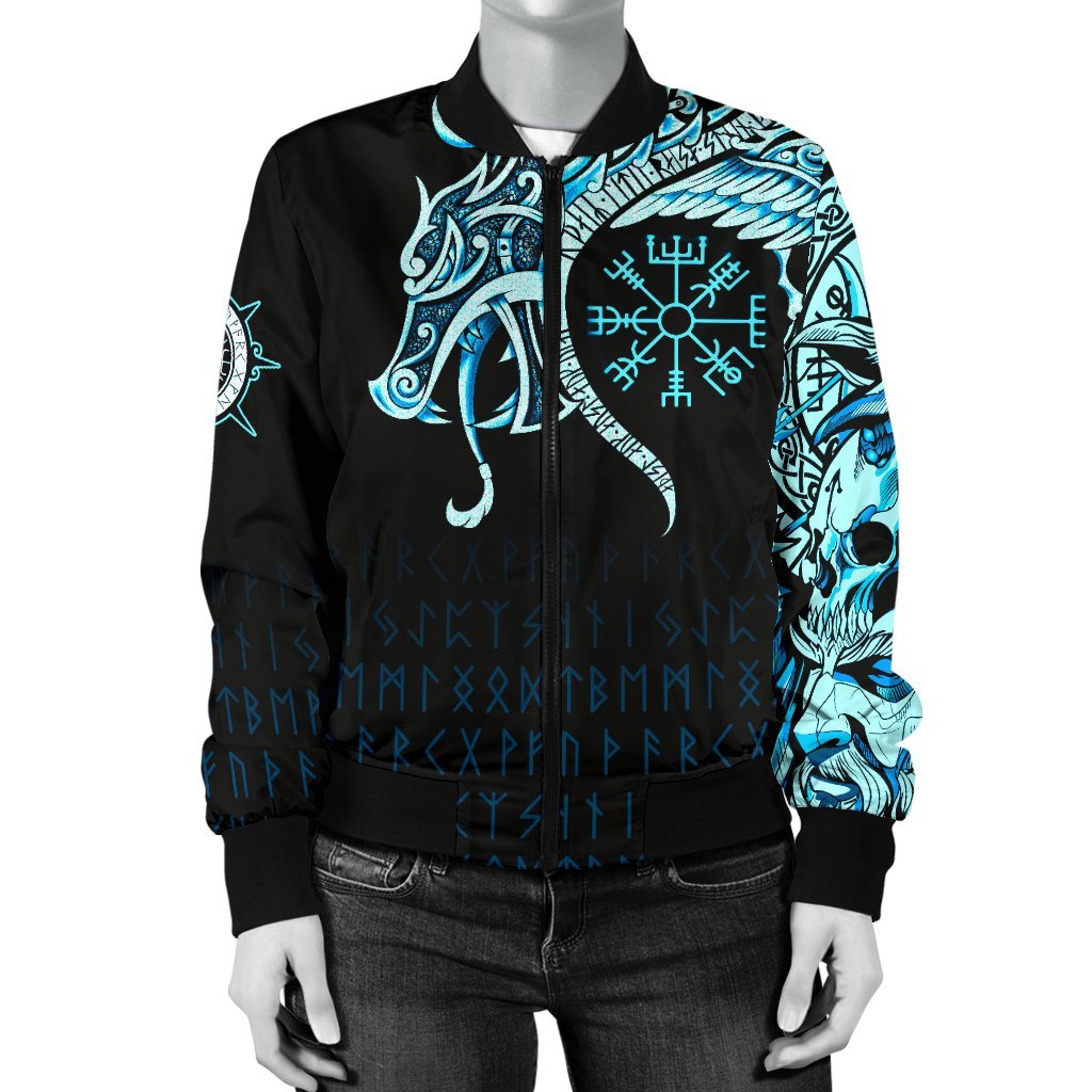 Viking Bomber Jacket Fenrir Raven And Vegvisir Tattoo Cyan Style Ver02