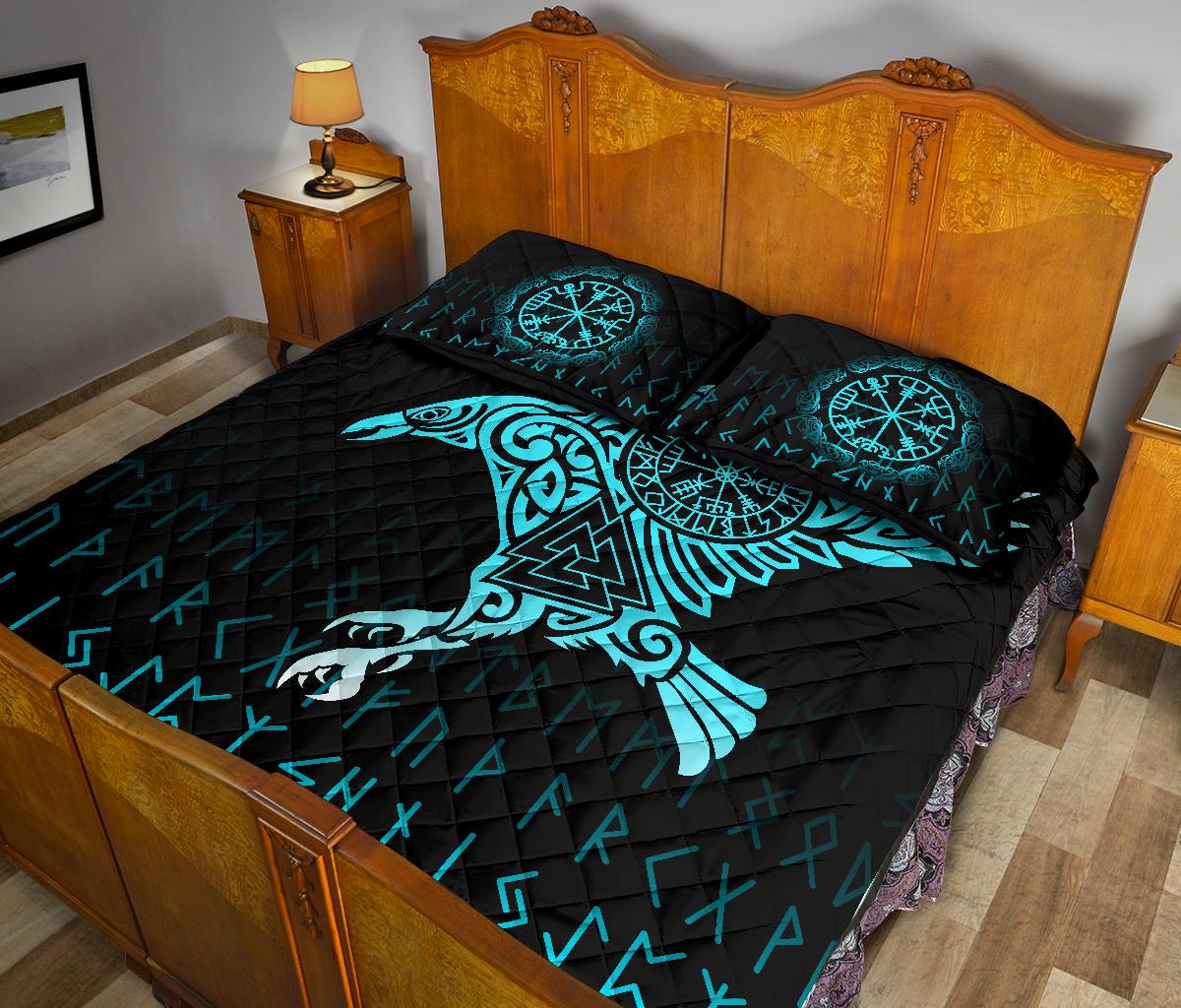 Viking Quilt Bedding Set Raven Tattoo Cyan