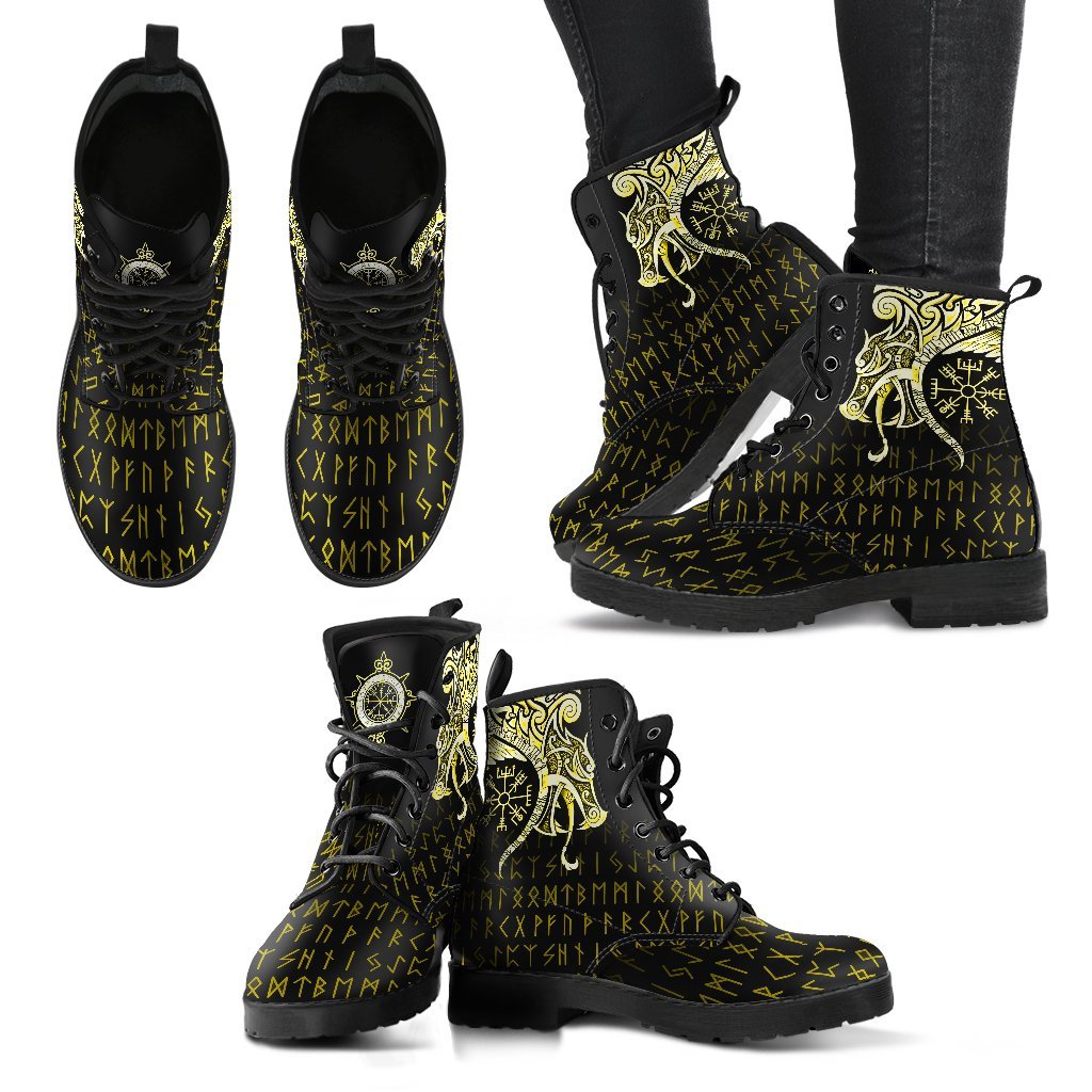 Viking Leather Boots Fenrir Raven And Vegvisir Tattoo Yellow