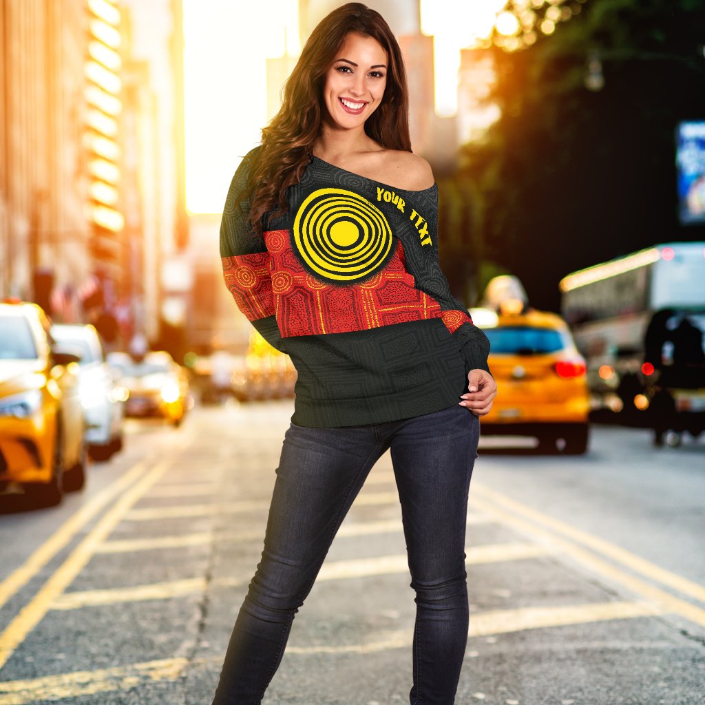Personalised Aboriginal Women's Off Shoulder Sweater - Aussie Indigenous Flag