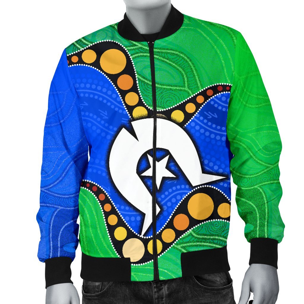Torres Strait Islands Men Bomber Jacket - Flag with Aboriginal Patterns