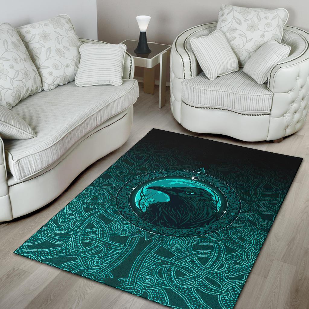 Viking Area Rug Ethnic Odin Raven Cyan