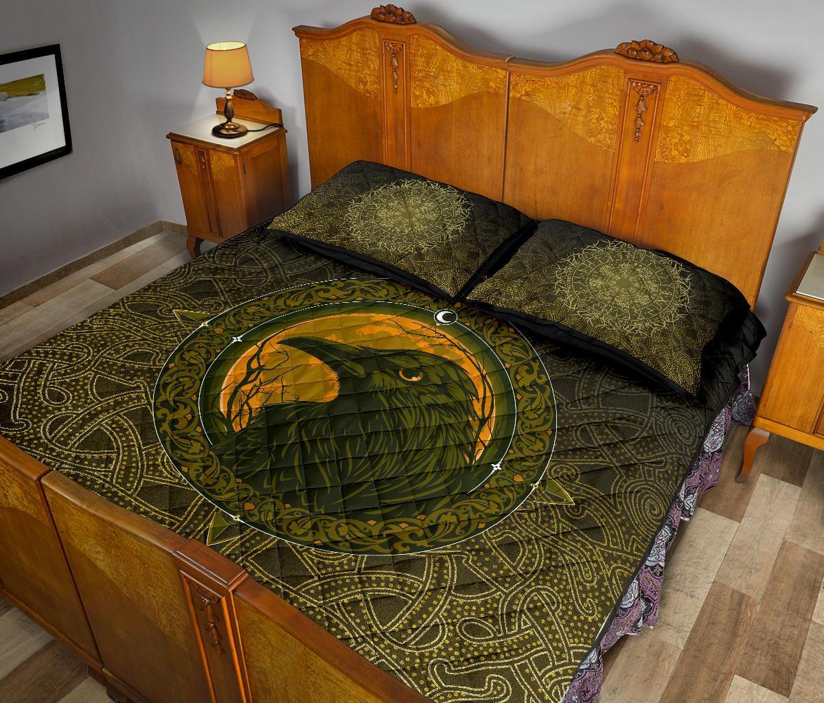 Viking Quilt Bedding Set Ethnic Odin Raven Gold