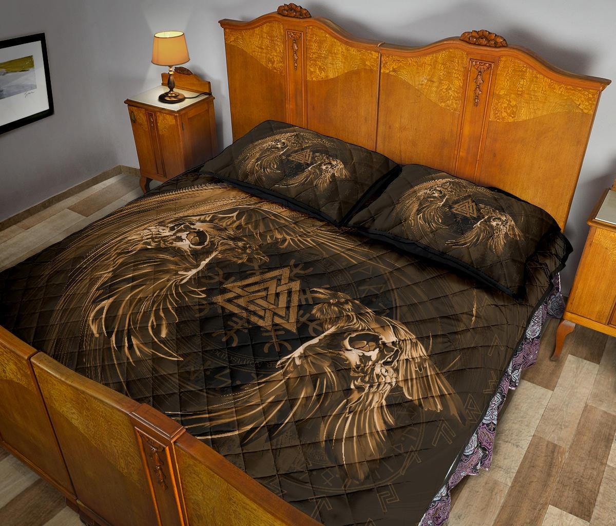 Viking Quilt Bedding Set Ravens Skull Tattoo Gold