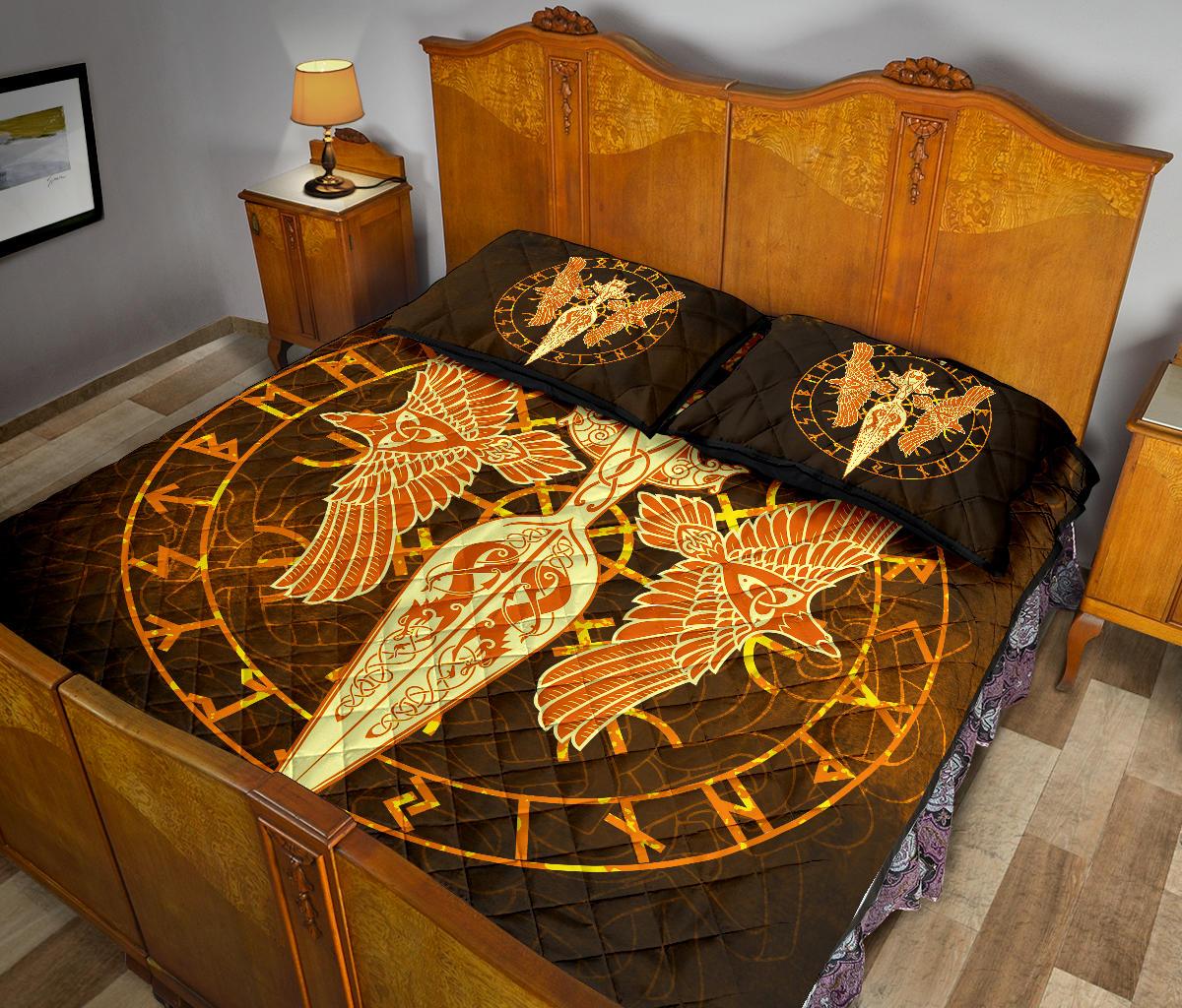 Viking Quilt Bedding Set Gold Spear Of The God Odin Gungnir And Two Gold Ravens