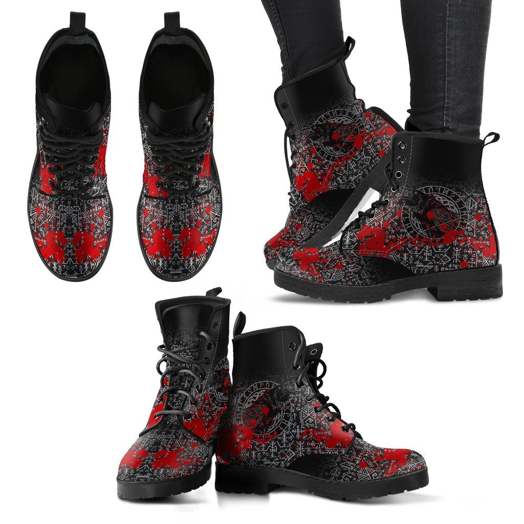 Viking Leather Boots Odin Raven Rune Futhark Blood