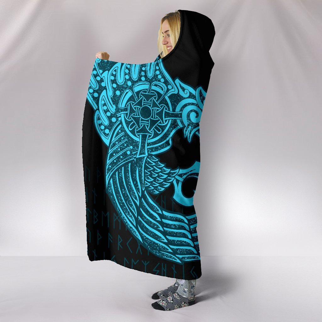 Viking Hooded Blanket Raven Tattoo Cyan Style