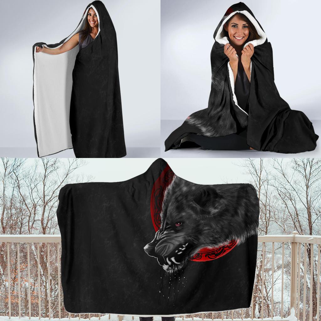 Viking Hooded Blanket Wolf And Blood Moon