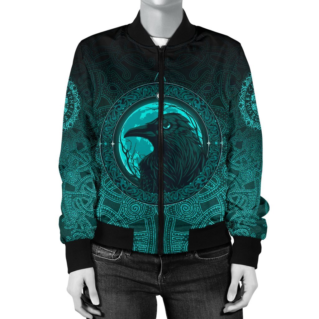 Viking Bomber Jacket Ethnic Odin Raven Cyan Style Ver02