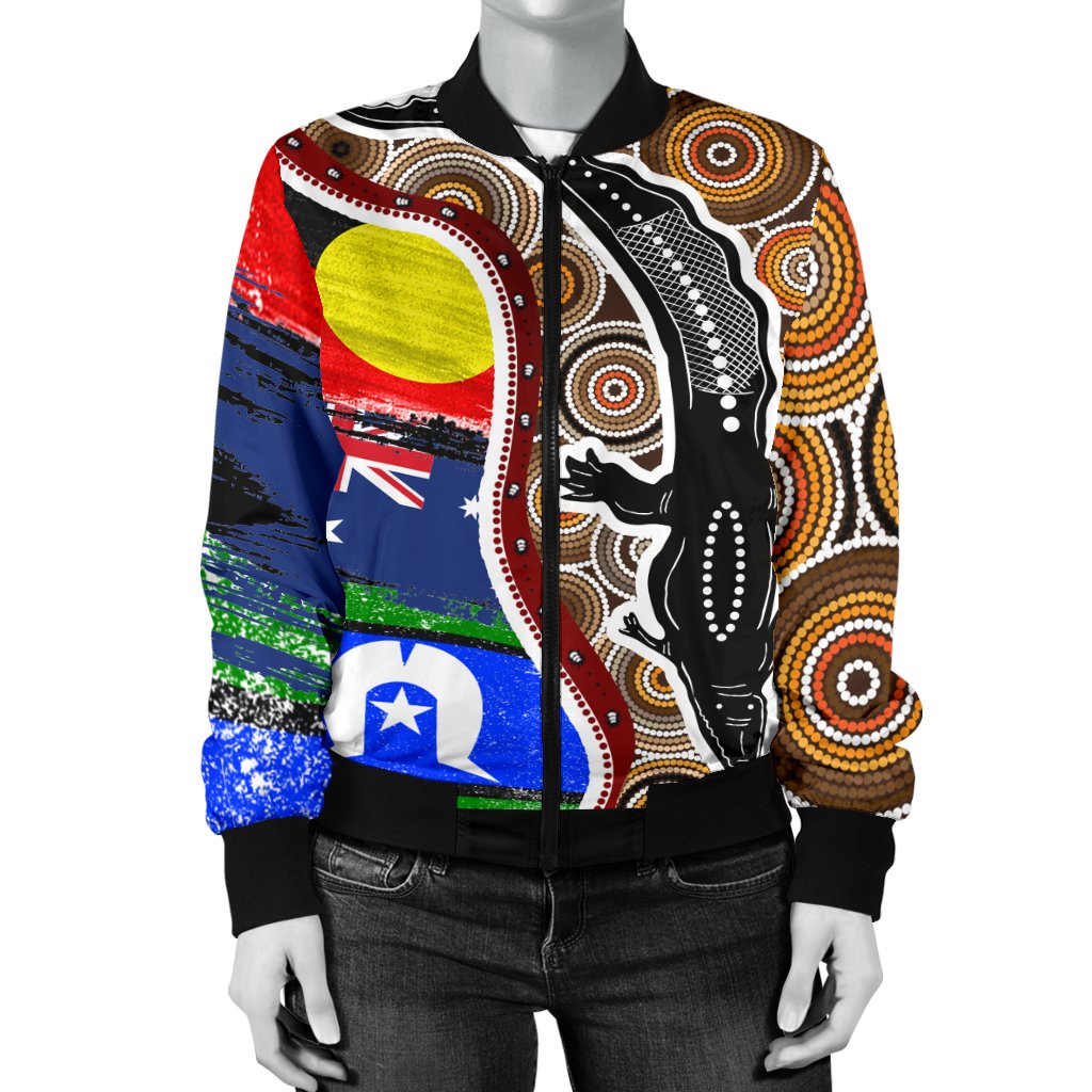 Women Bomber Jacket - Australian Aboriginal Crocodile With NAIDOC Flags