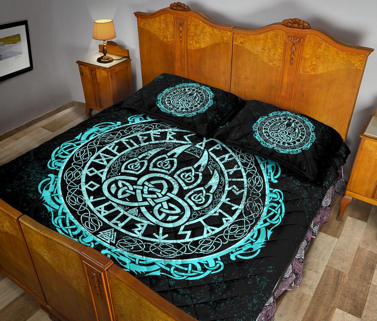 Viking Quilt Bedding Set Viking Bear Claws Cyan Tattoo