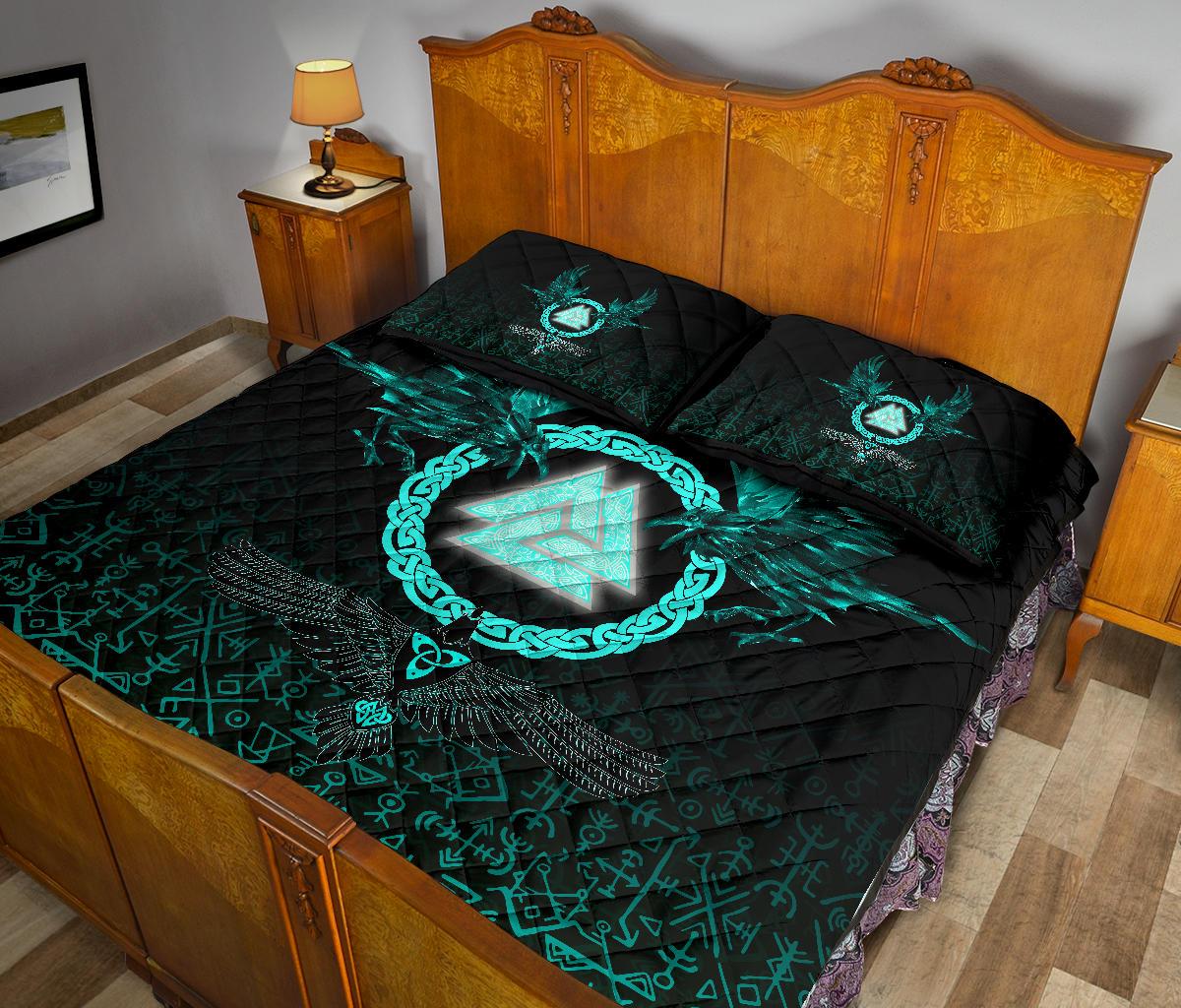 Viking Quilt Bedding Set Three Raven and Valknut Cyan