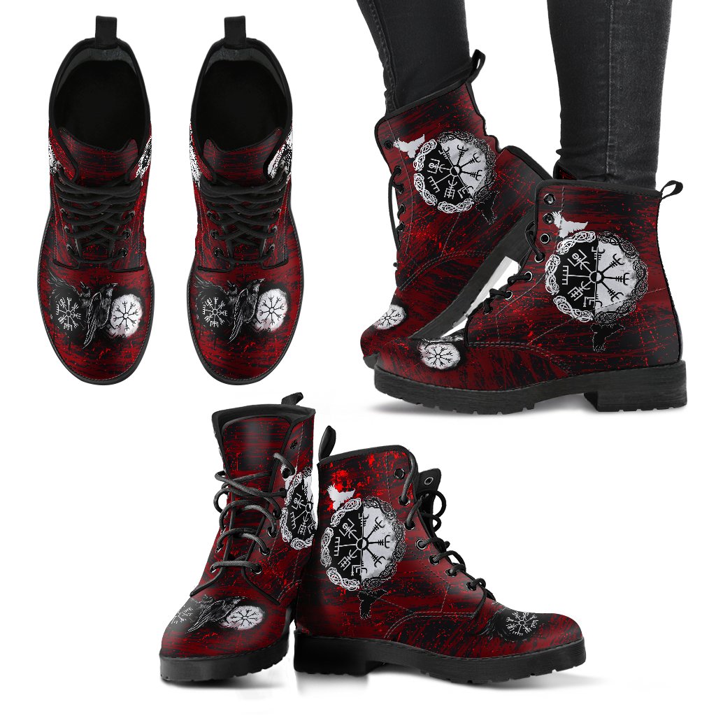 Viking Leather Boots Raven of Odin and Symbol Viking on Blood Background Ver01