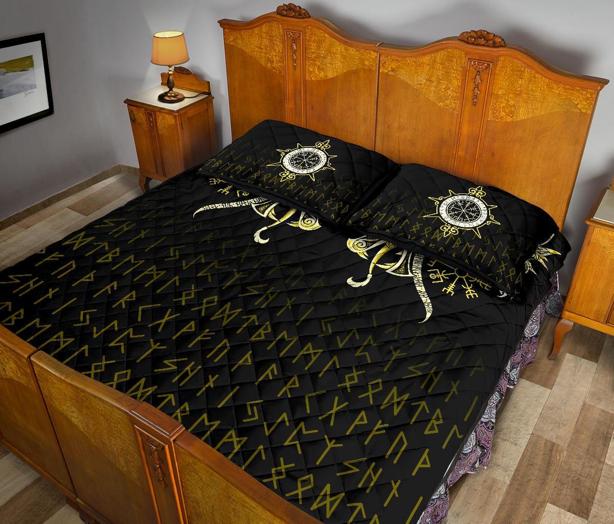 Viking Quilt Bedding Set Fenrir Raven And Vegvisir Tattoo Yellow