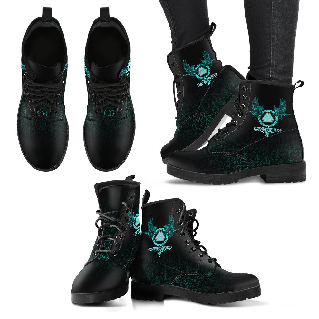 Viking Leather Boots Three Raven and Valknut Cyan