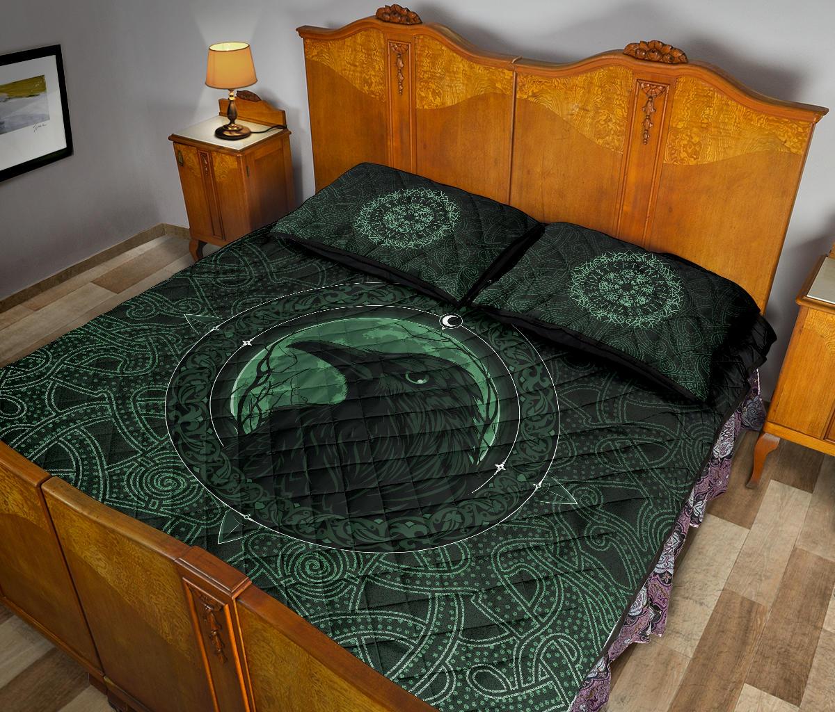 Viking Quilt Bedding Set Ethnic Odin Raven Green