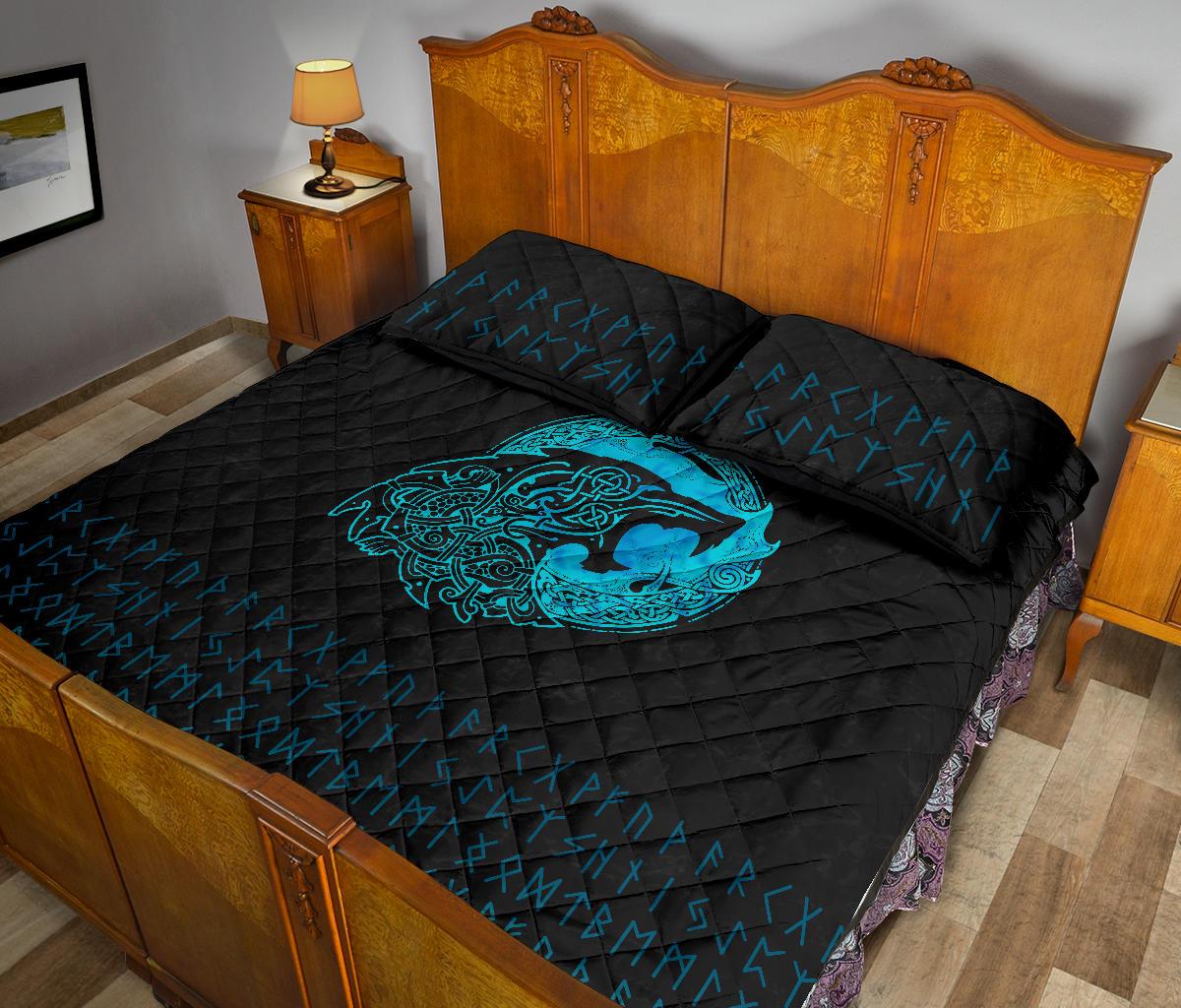 Viking Quilt Bedding Set Fenrir Wolf Cyan