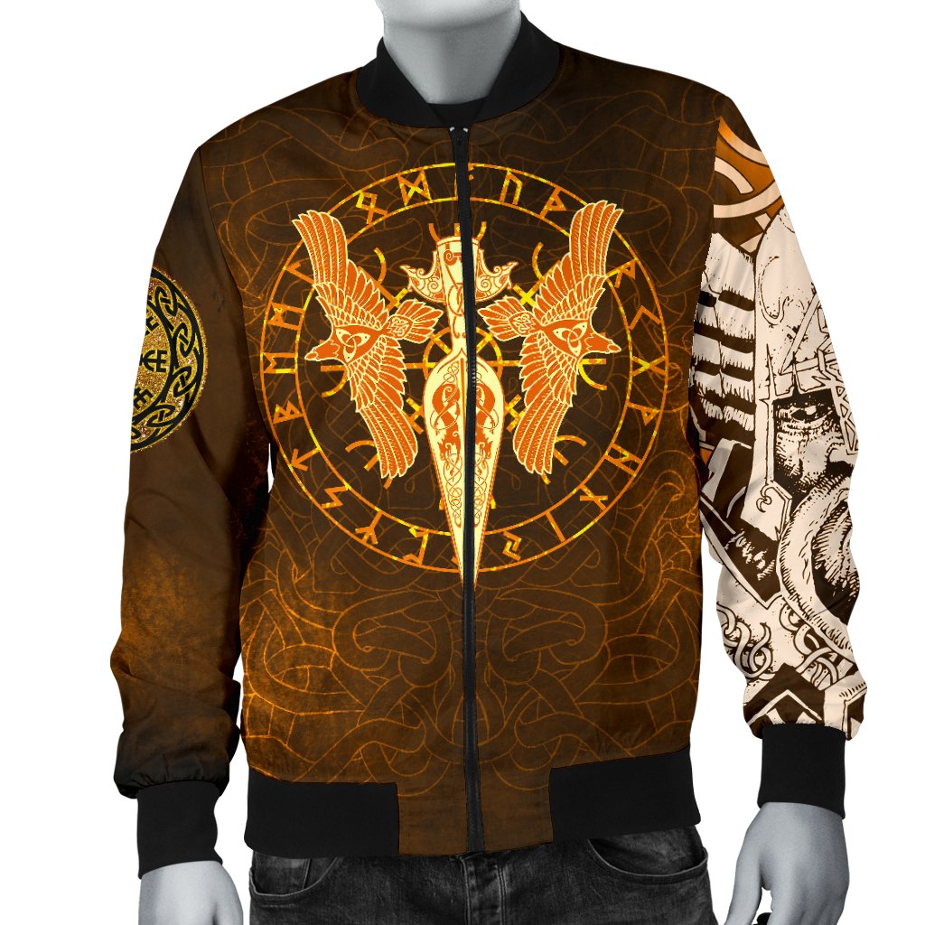 Viking Bomber Jacket Gold Spear Of The God Odin Gungnir And Two Gold Ravens